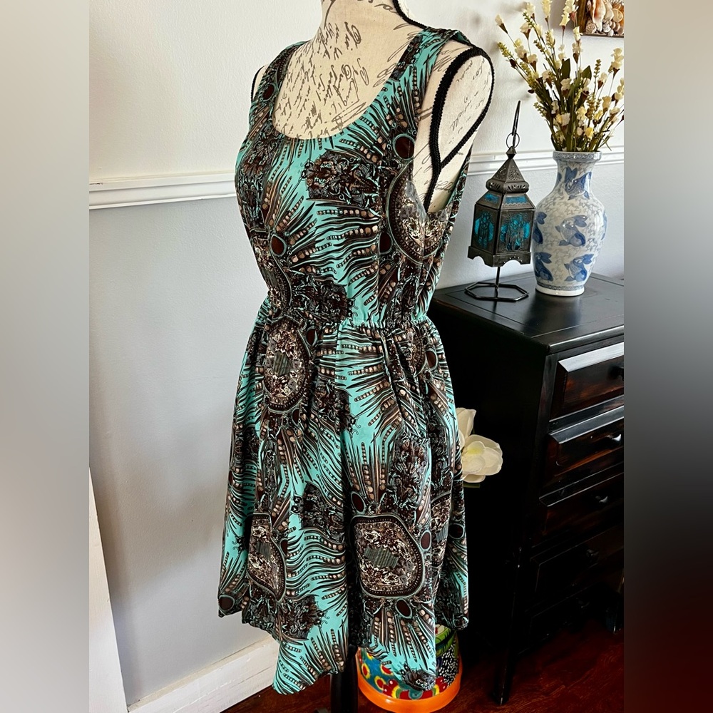 EUC Earthbound Trading Co. Teal & Feather Patterned Mini Dress Pockets Medium - Picture 5 of 14